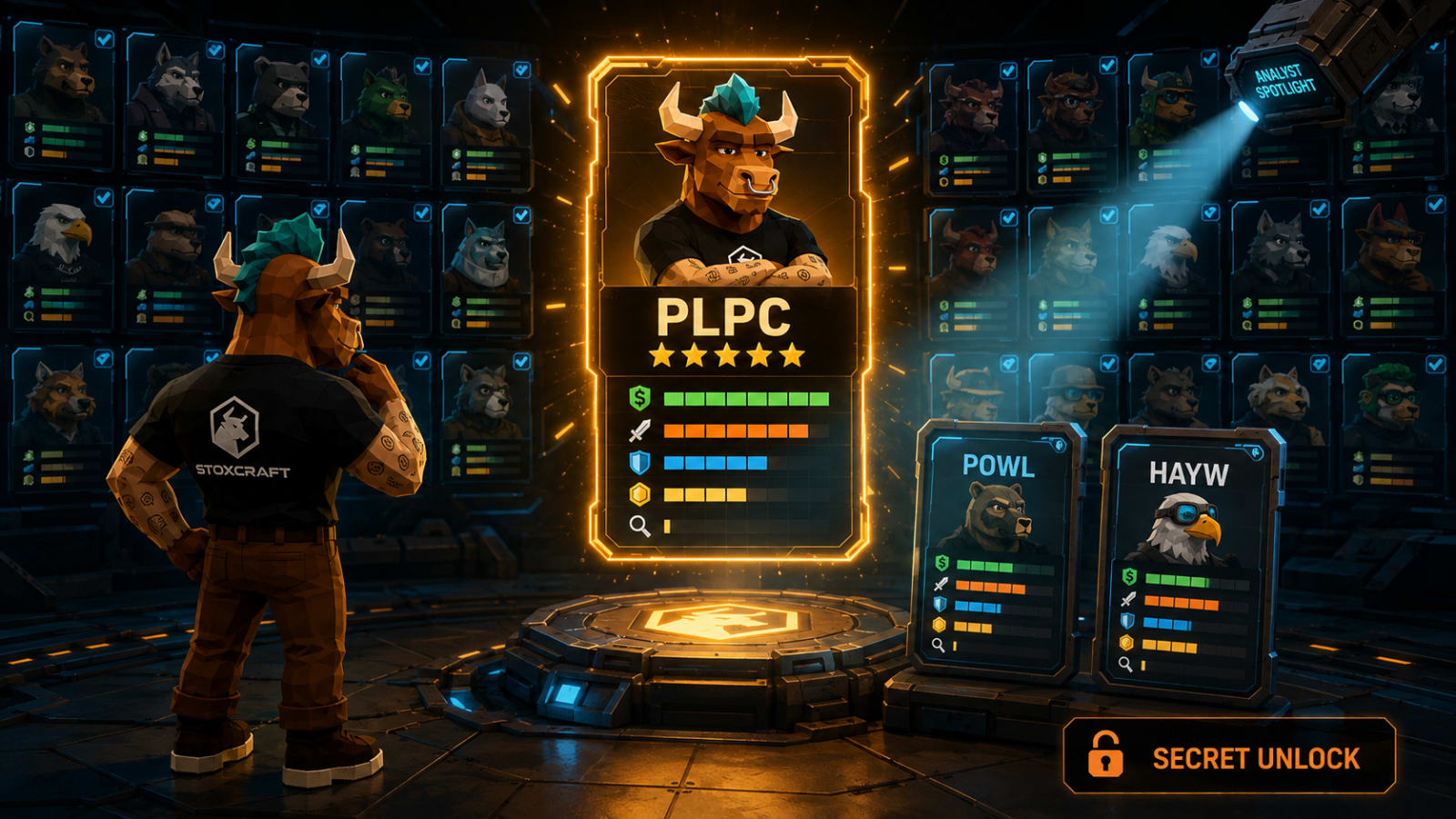 Toroshi stands at a character-select screen with PLPC, POWL, and HAYW stock cards