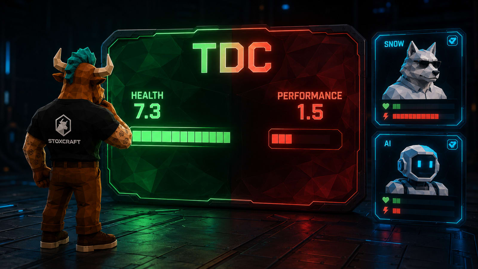 Toroshi compares TDC’s strong 7.3 Health Score with its weak 1.5 Performance Score, alongside SNOW and AI comparison cards.