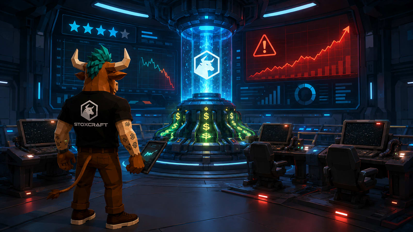 Toroshi in a futuristic TTD command centre as three darkened command stations power down while the main business reactor stays online and a red risk warning rises