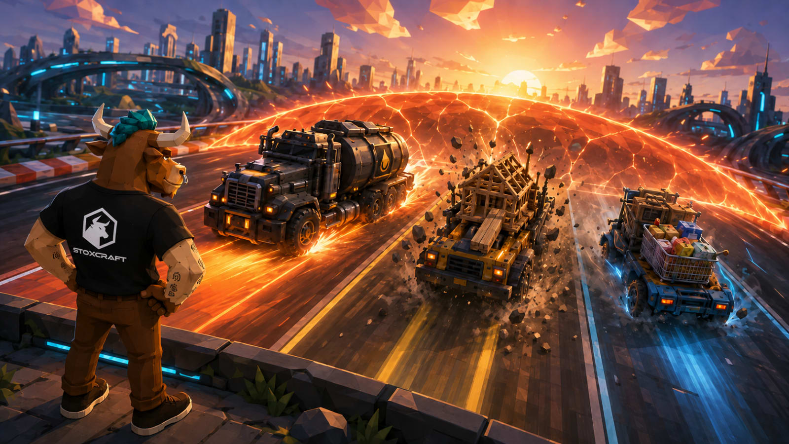 Toroshi watches a CPI shockwave hit three sector-themed vehicles on a futuristic racetrack, boosting XOM’s armored energy truck while rattling DHI’s homebuilder vehicle and squeezing PG’s consumer-goods transport.
