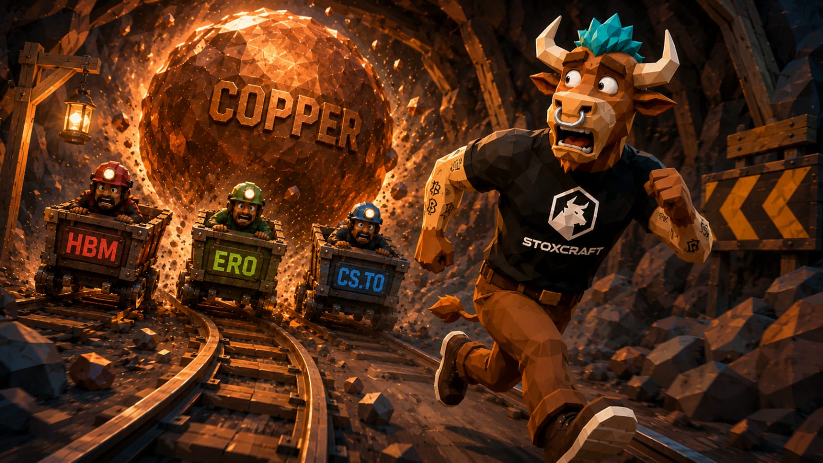 Low-poly Toroshi flees a copper boulder as HBM, ERO and CS.TO mine carts race behind him, illustrating different risk profiles in the copper stock rally.