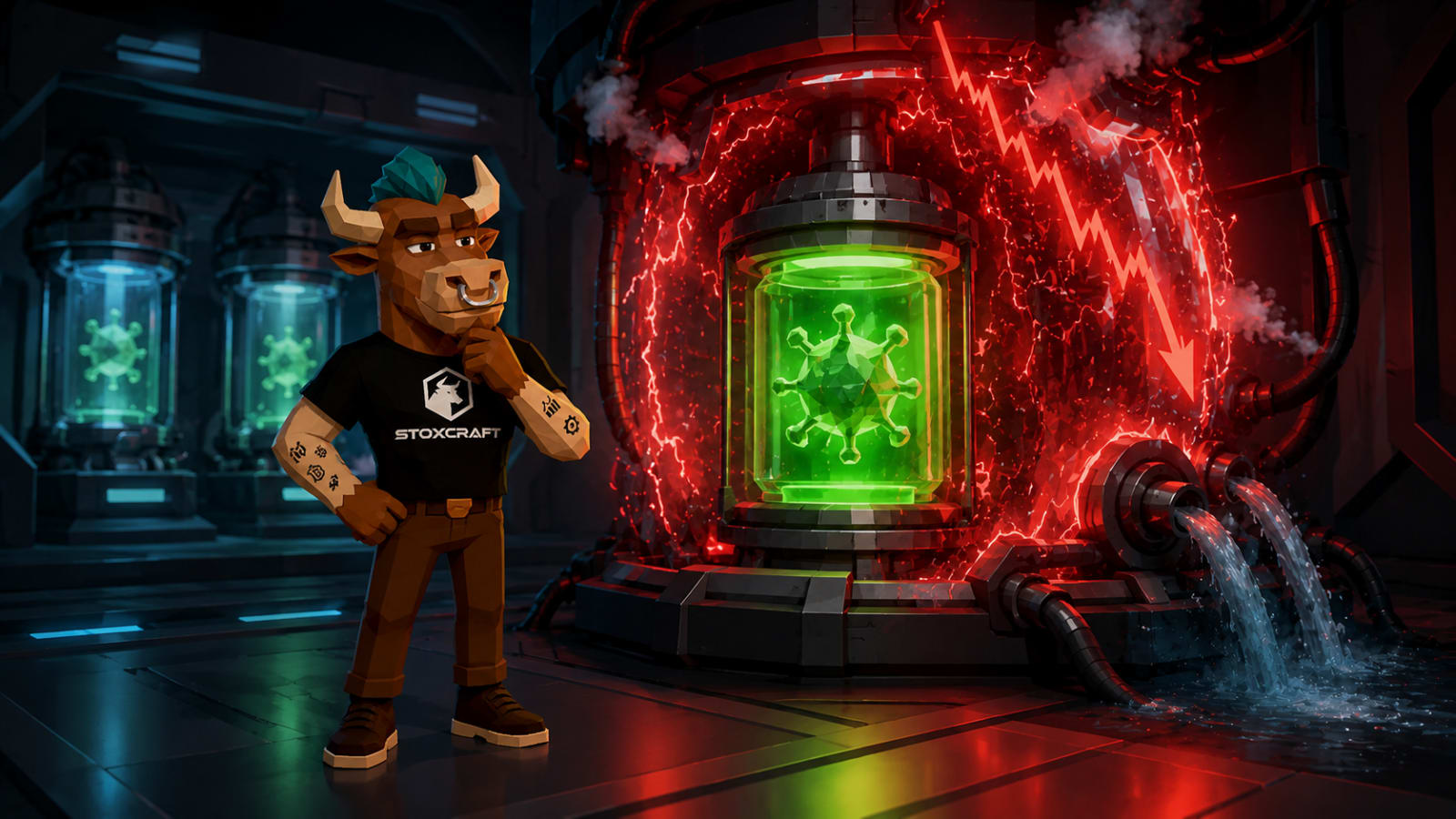 Toroshi watches a stable green Moderna cancer-vaccine science core inside an overheating red market chamber, showing a real biotech breakthrough amid extreme stock-price volatility.