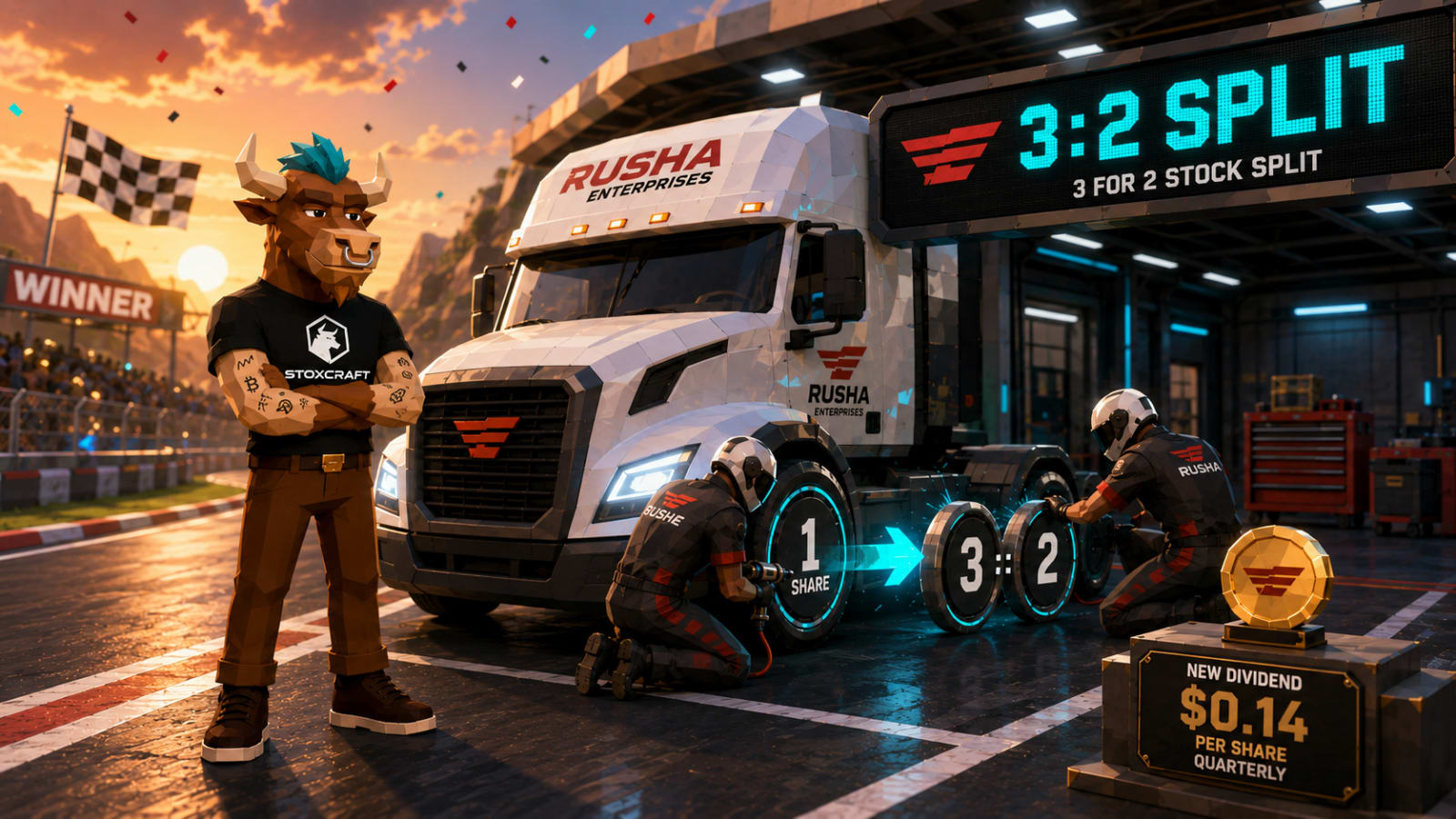 Low-poly Rush Enterprises (RUSHA) race pit stop visualizes its 3-for-2 stock split and new $0.14 quarterly dividend.