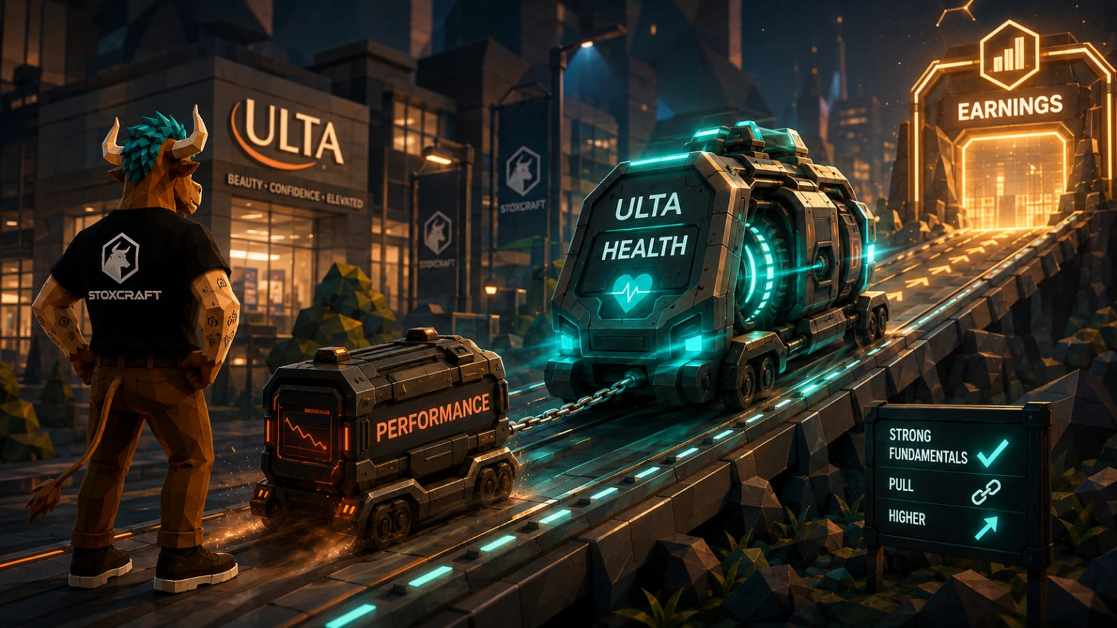Toroshi watches a strong Health engine pull a slower Performance cart uphill toward an Ulta earnings checkpoint, showing strong fundamentals leading weaker stock performance.