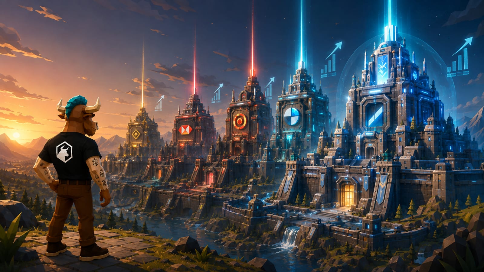 Toroshi stands before five glowing bank fortresses representing BBVA, Santander, HSBC, MUFG, and SMFG, with thicker walls showing lower risk and bright beacons showing stronger performance.