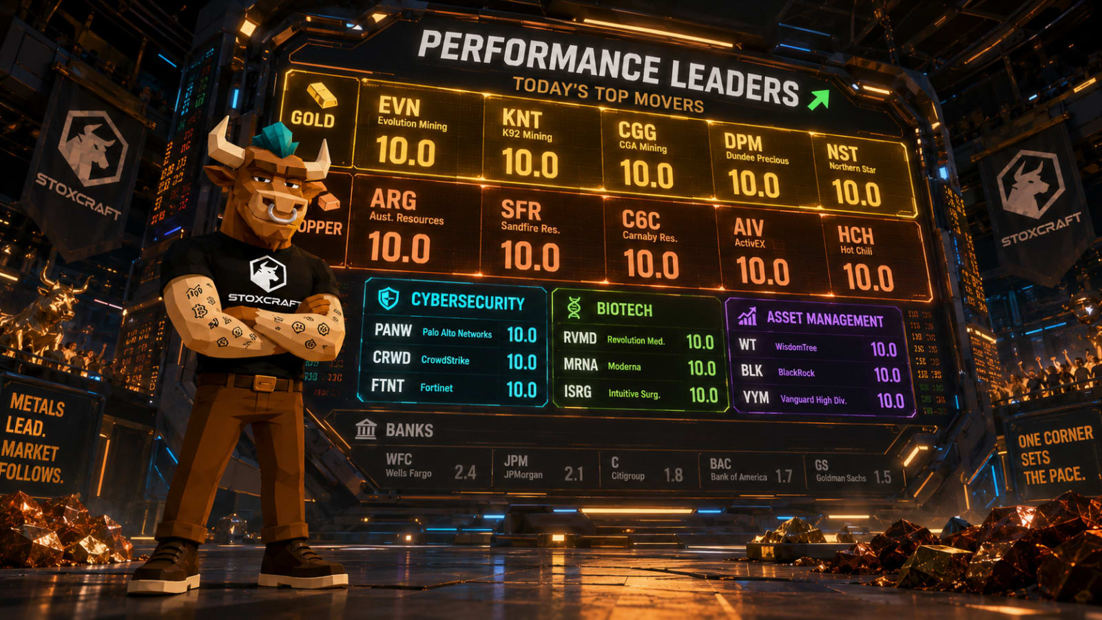 Toroshi stands before a performance leaderboard dominated by gold and copper stocks with perfect 10.0 scores, while cybersecurity, biotech, and asset management names also rank near the top.