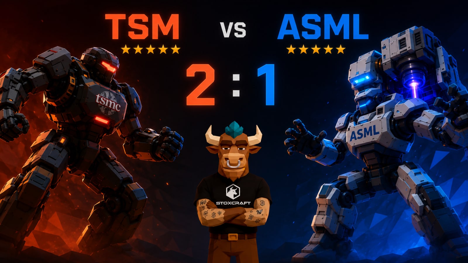 Low-poly Stoxcraft bull Toroshi stands between a TSM mech and an ASML mech, visualizing a five-star stock comparison where TSM leads ASML 2–1 on the selected fundamentals.