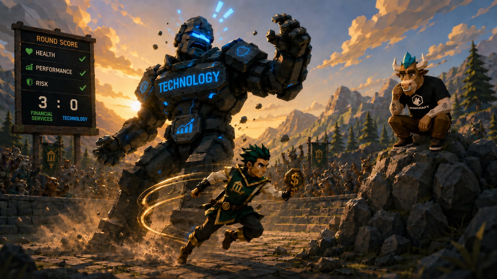 A low-poly Financial Services underdog outmaneuvers a giant Technology opponent as Toroshi watches, illustrating the 3–0 sector sweep over Nvidia, Microsoft and JPMorgan comparisons.