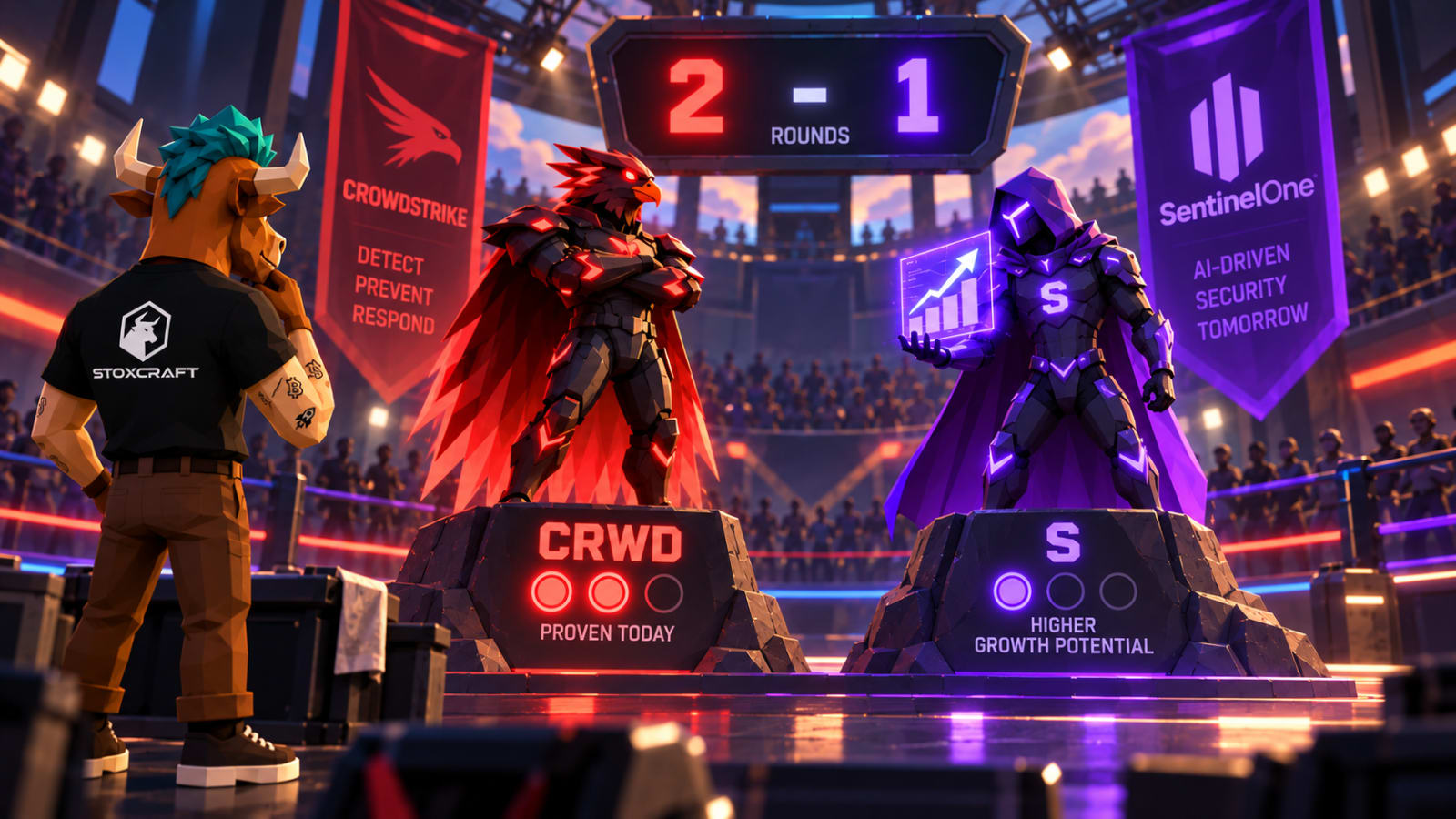 Toroshi watches CrowdStrike lead SentinelOne 2–1 in a low-poly cybersecurity arena, visualizing CRWD’s stronger performance and returns versus SentinelOne’s higher long-term revenue growth potential.