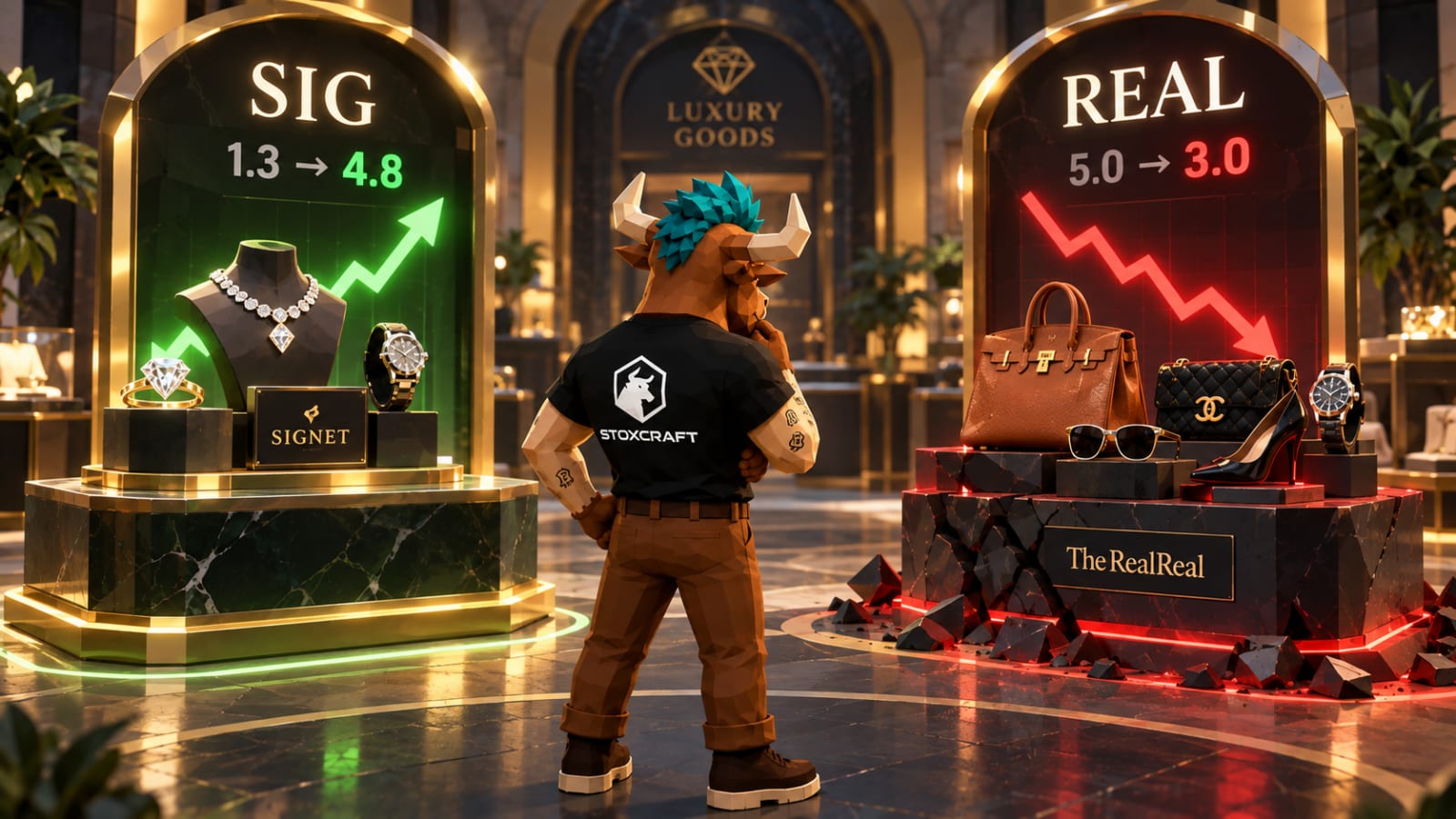 Low-poly Toroshi compares SIG and REAL in a luxury showroom, illustrating Signet Jewelers’ rising Performance Score versus The RealReal’s decline.