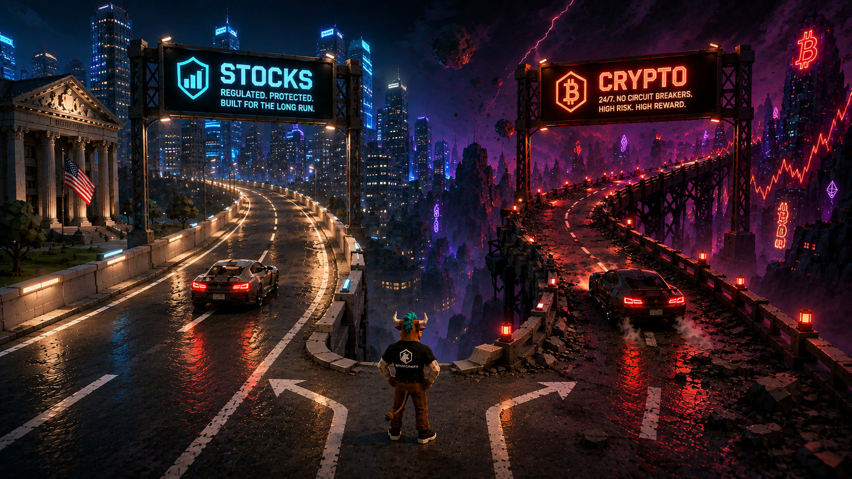 Toroshi stands between stocks and crypto, visualizing the higher volatility, lower protection and greater risk of crypto investing.