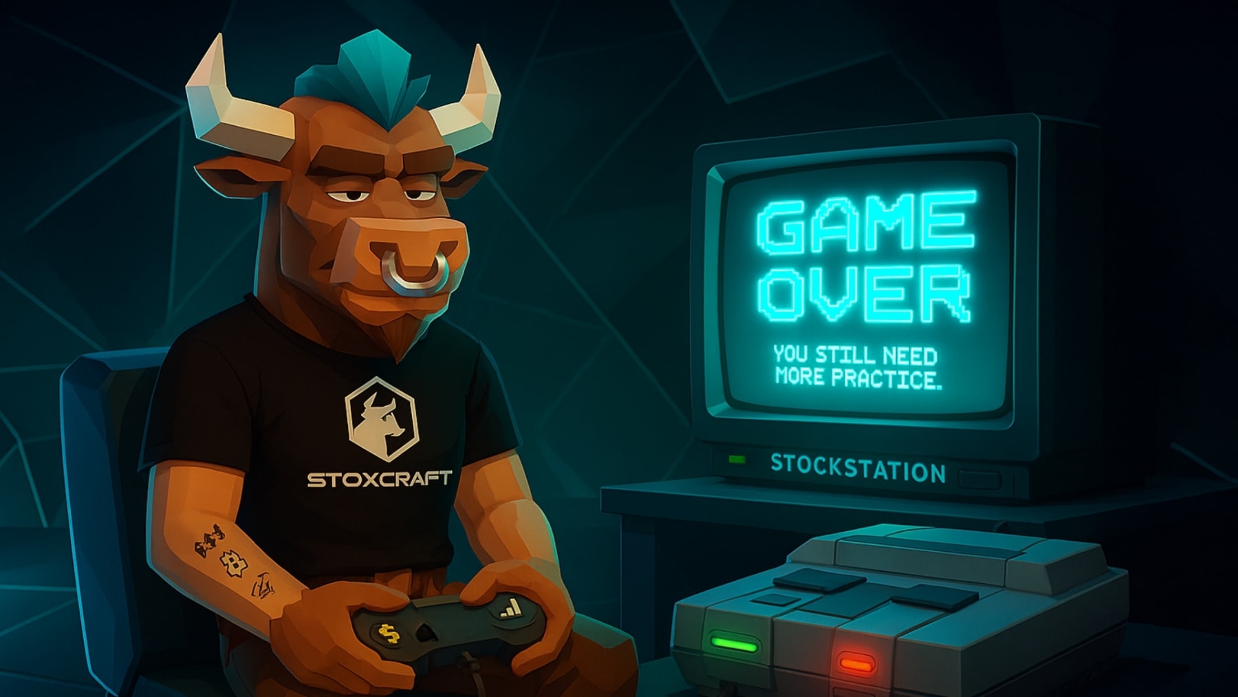 A stylized low-poly bull wearing a Stoxcraft T-shirt plays on a retro console called â€œStockstationâ€. The glowing screen shows â€œGame Over â€“ You still need more practiceâ€, symbolizing early investing mistakes and learning through failure.
