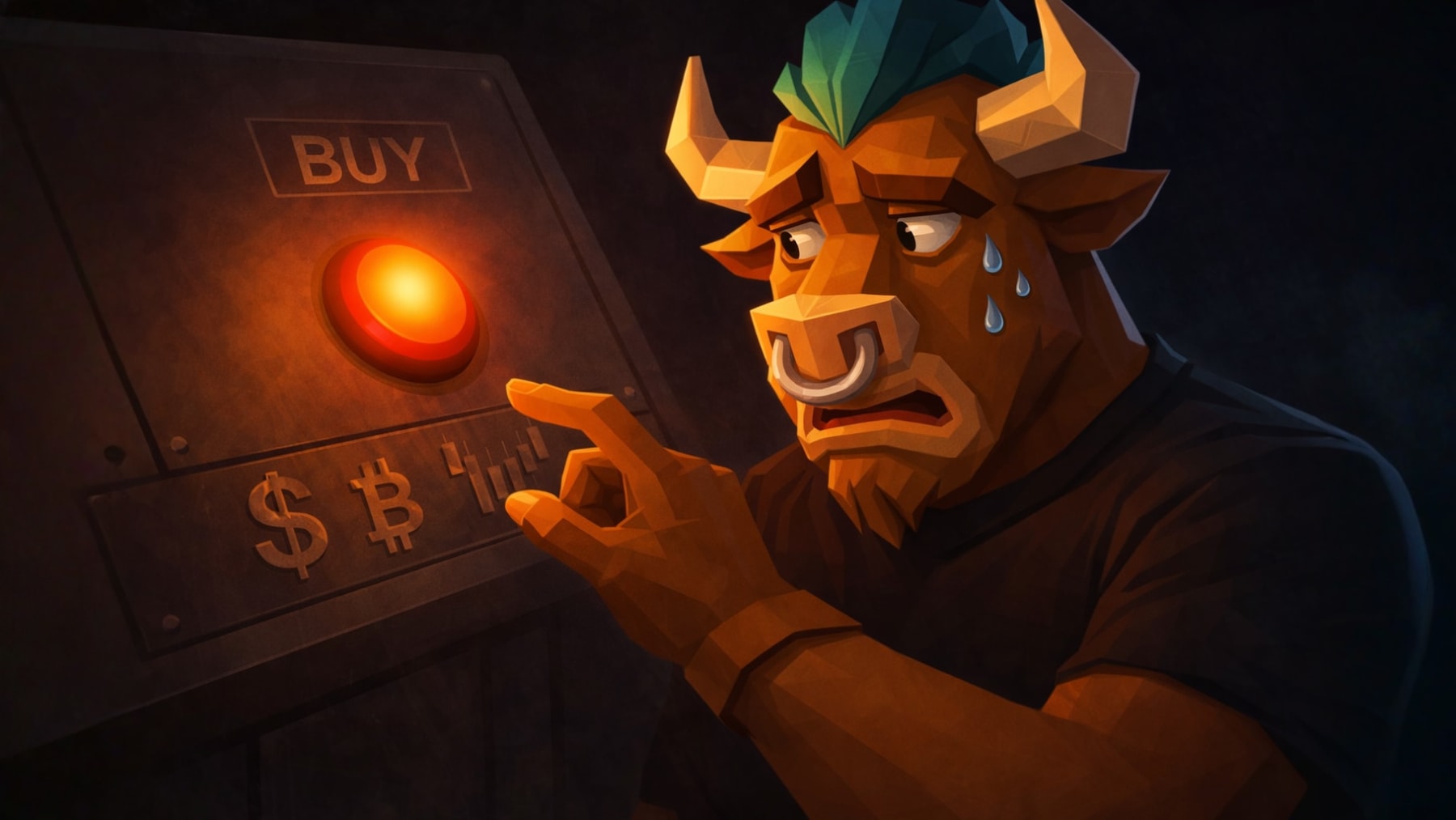 Low-poly bull investor pausing before pressing a glowing BUY button, representing fear and hesitation in investing decisions.