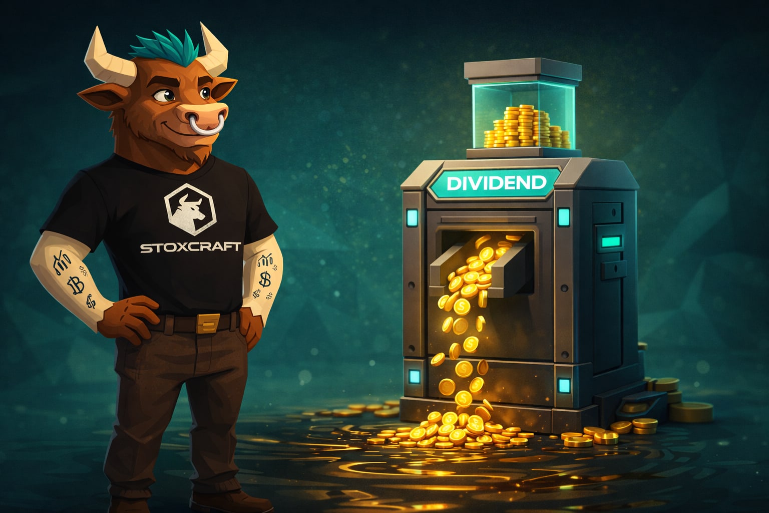 A stylized low-poly bull in a casual Stoxcraft outfit stands beside a machine labeled “Dividend” that continuously produces coins, representing steady passive income from dividend investing