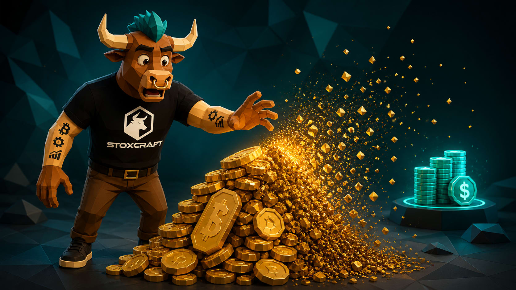 Low-poly bull reaches for a large pile of gold coins that dissolve into particles, revealing a smaller stable stack of real cash in the background, illustrating the difference between profit and free cash flow