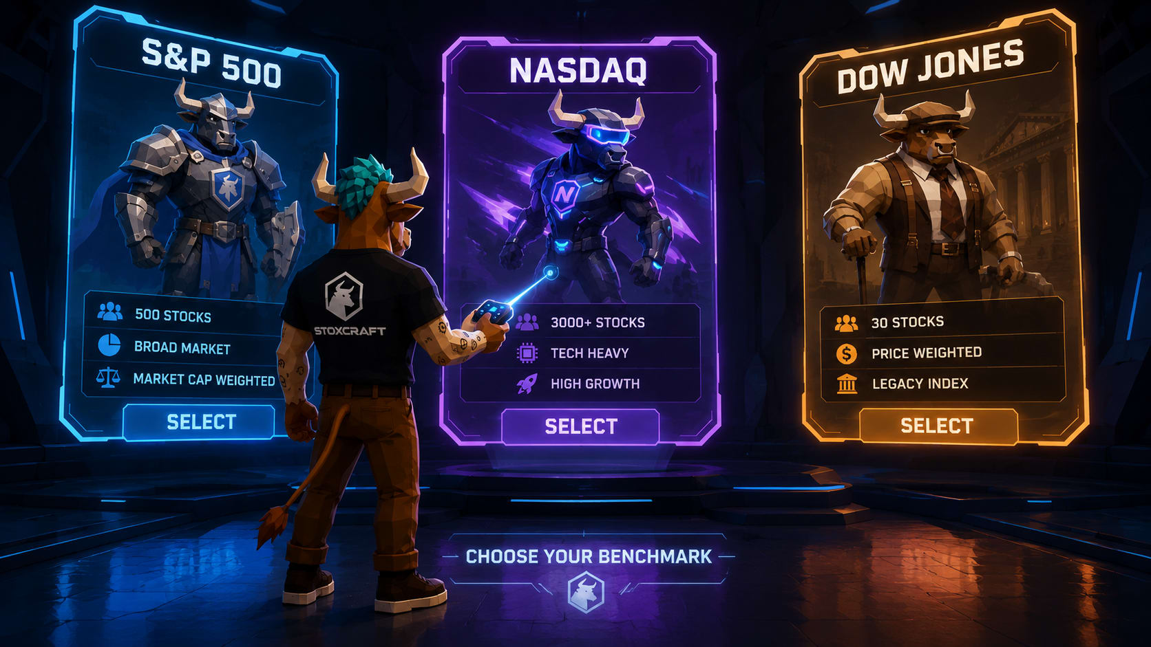 S&amp;amp;P 500 vs Nasdaq vs Dow Jones visualized as futuristic video game character selection screen