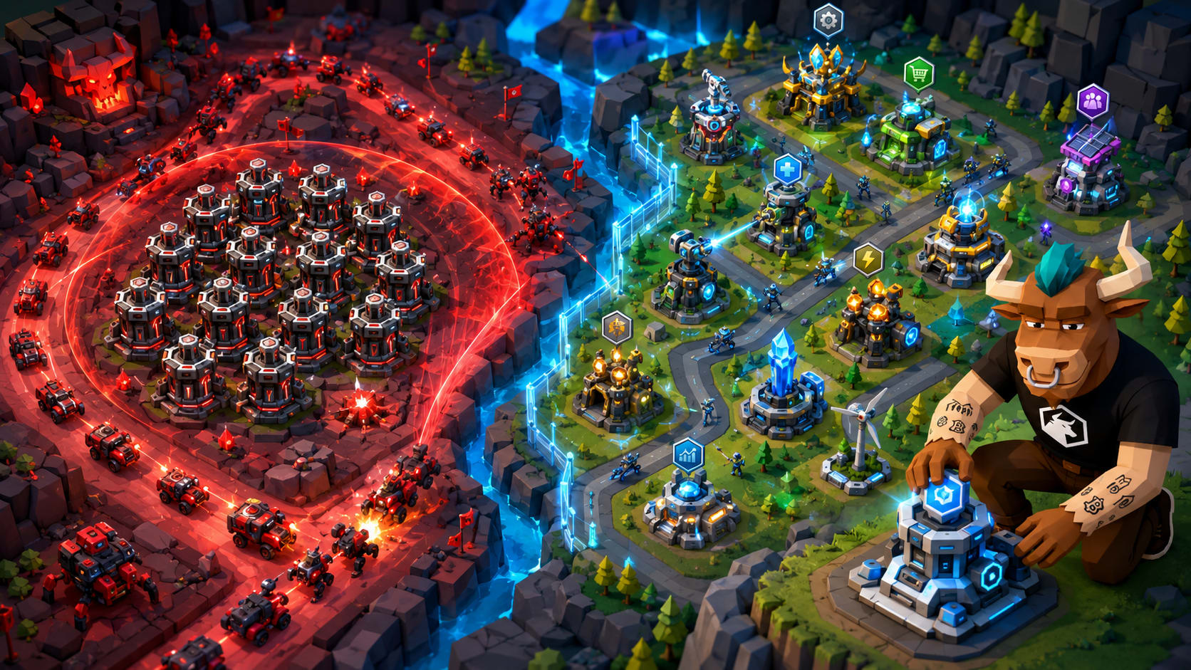 Toroshi places a new defense tower on a Clash-inspired map, showing balanced diversification across paths while one crowded tower cluster faces a red attack wave.