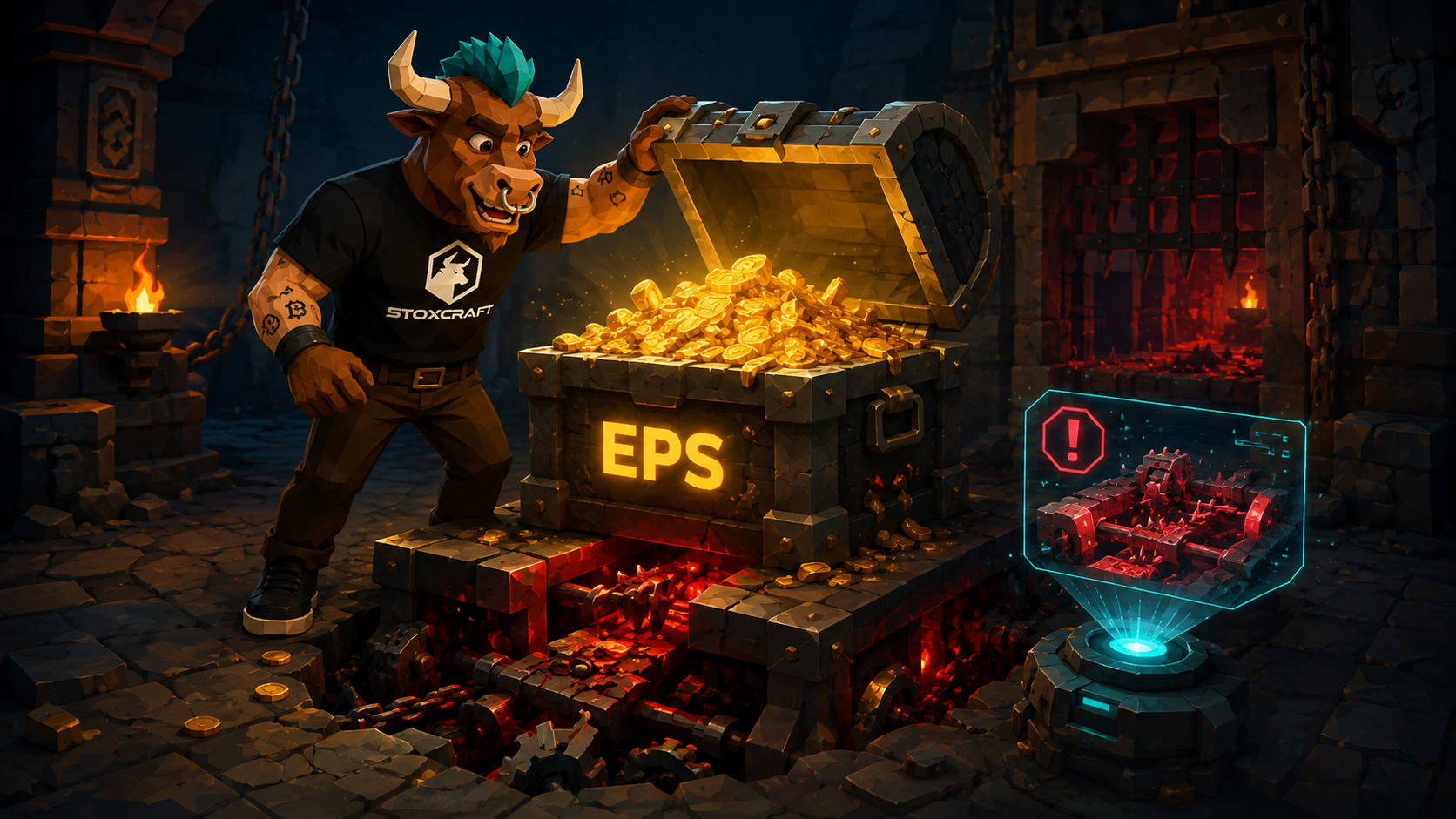 Toroshi character opening a glowing earnings per share treasure chest with hidden risk traps — illustrating that an EPS beat does not always signal good news.