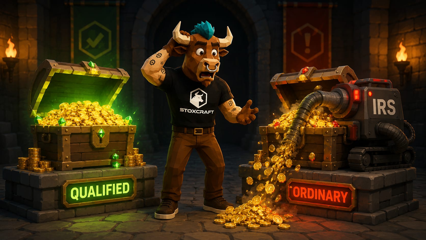 Toroshi compares two identical treasure chests as a qualified dividend chest keeps all its gold while an ordinary dividend chest loses coins to an IRS tax machine, illustrating dividend tax differences.