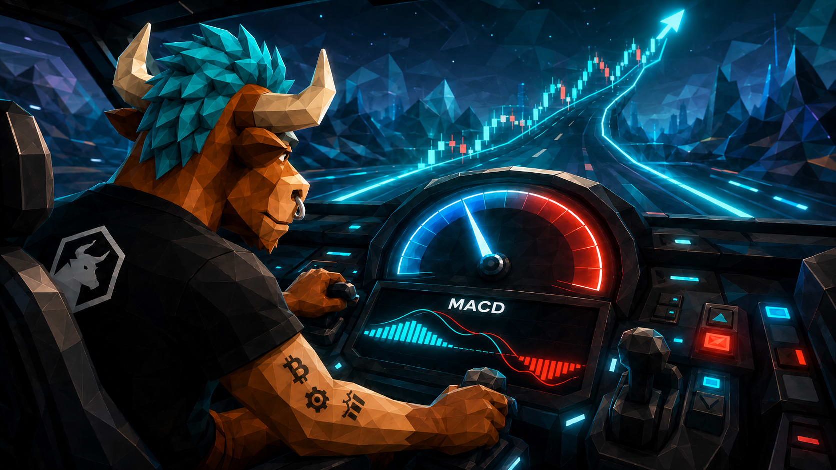 Toroshi monitors a MACD speedometer dashboard in a cyberpunk trading cockpit as trend momentum shifts between blue acceleration and red slowdown.