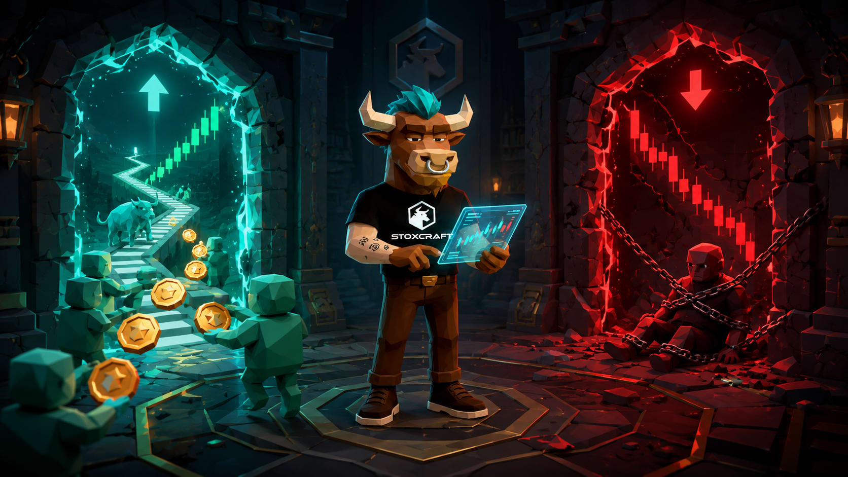 Toroshi scans two investor choices, with a green winning stock portal on one side and a red losing stock trap on the other." Descriptive, keyword-relevant, names the mascot correctly, communicates visual meaning without being literal. No changes need