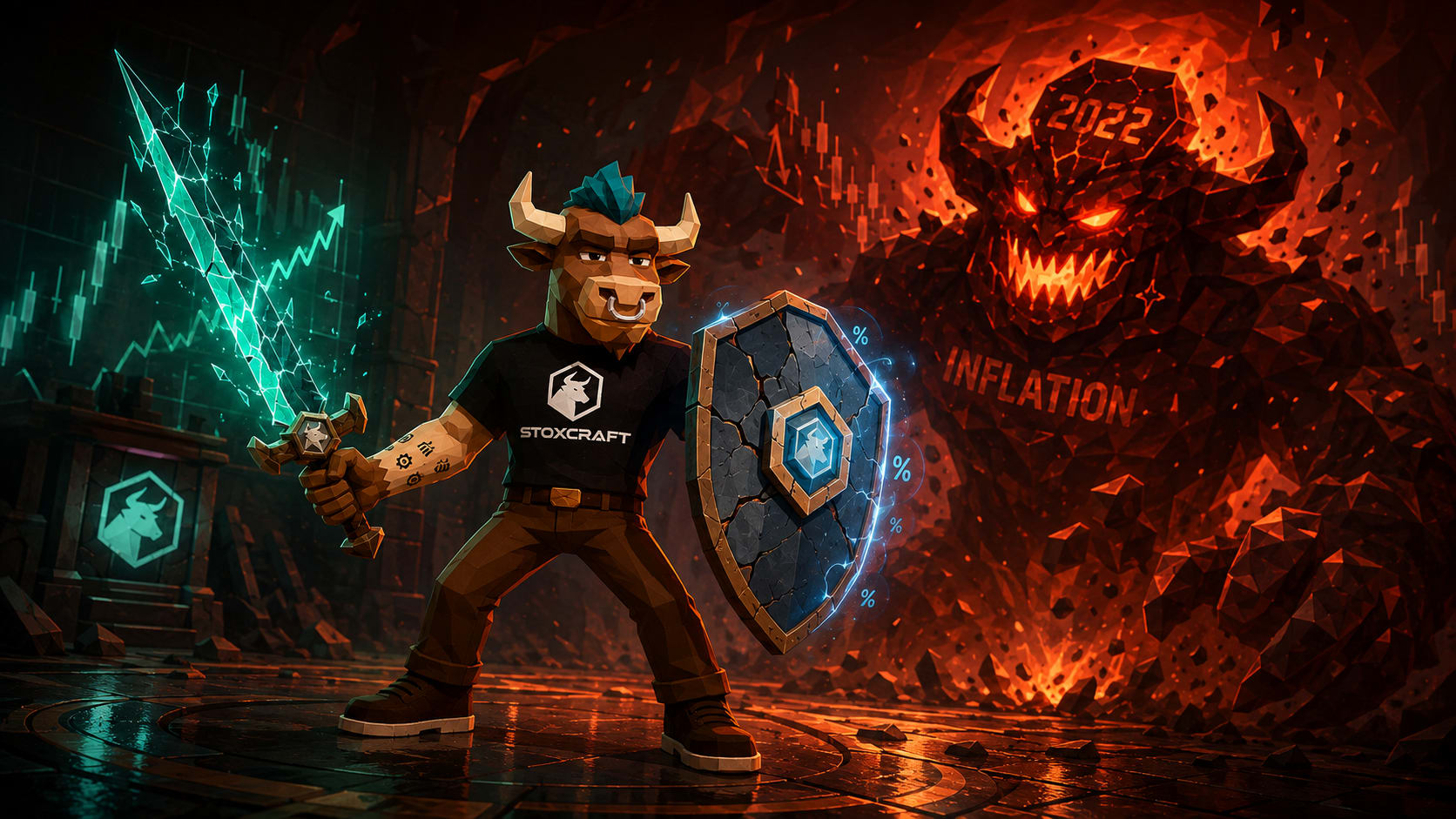 Low-poly Toroshi holds a glowing stock growth sword and cracked bond stability shield while facing a 2022 inflation boss, illustrating how stocks and bonds can fall together.