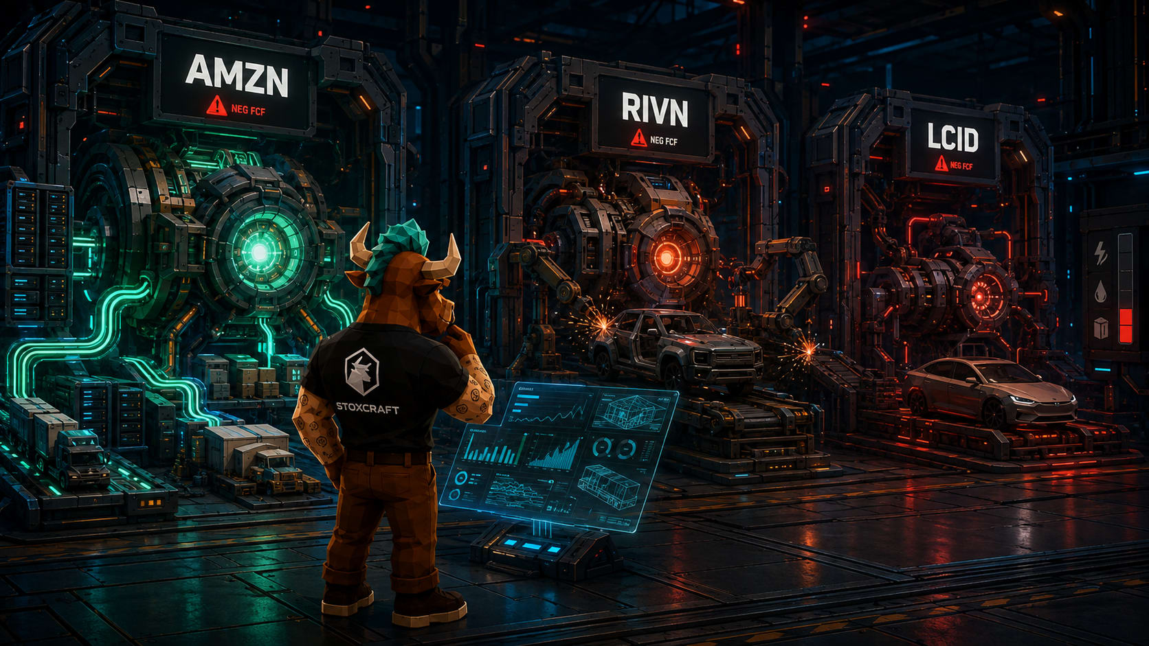 Toroshi inspects three futuristic engines with negative free cash flow warnings, showing Amazon as a strong operating-cash engine and Rivian and Lucid as weaker cash-burning systems.