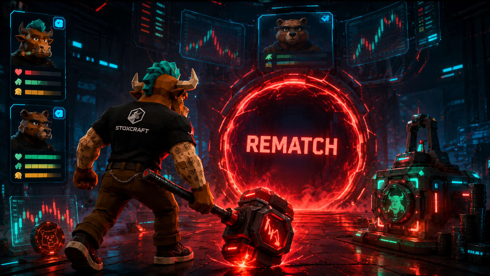 Toroshi enters a glowing rematch portal with a larger weapon and lower health, illustrating how revenge trading increases risk after a loss.