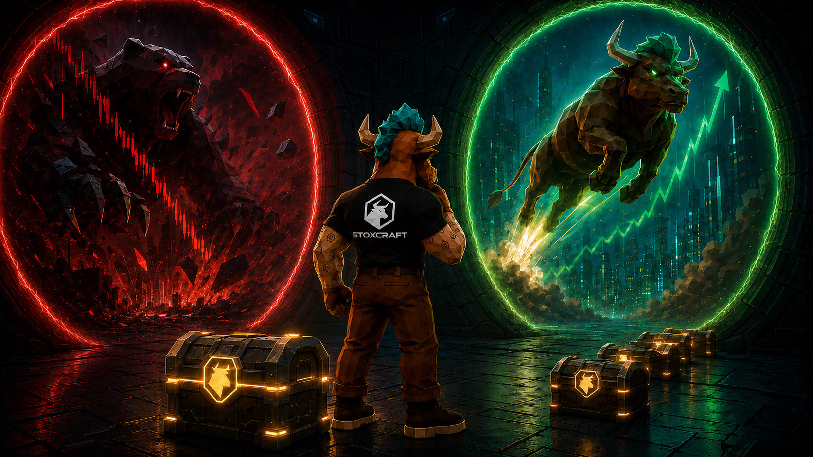 Toroshi stands between a red bear-market portal and a green bull-market portal, illustrating the choice between market downside risk and upside opportunity.