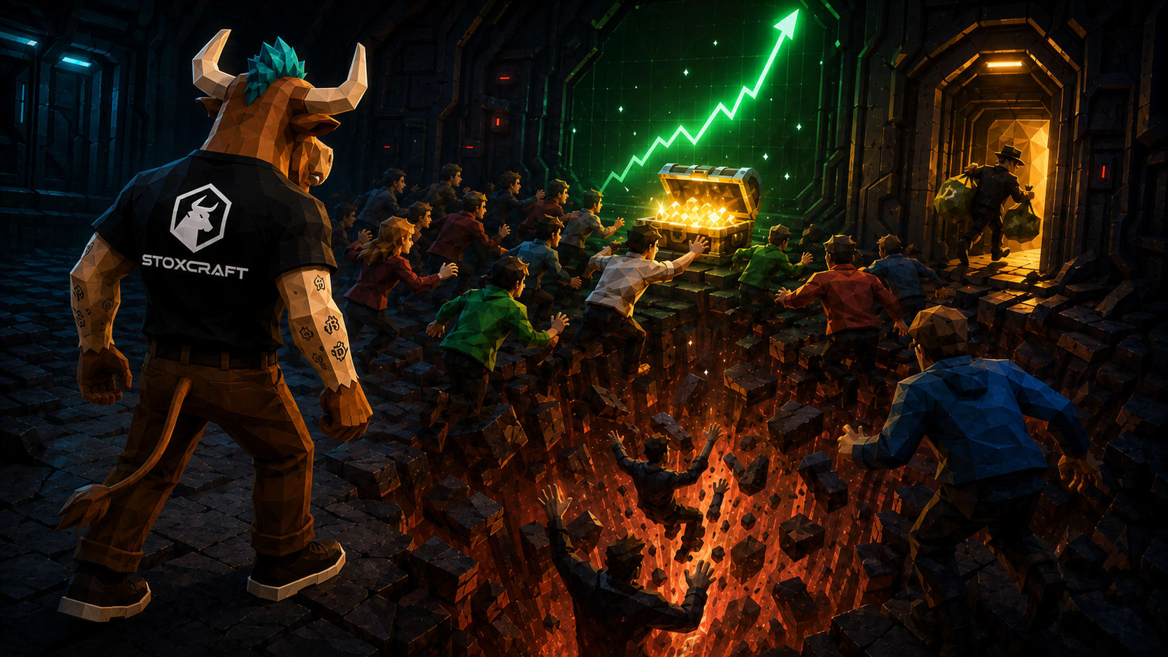 Toroshi watches investors rush toward a glowing stock treasure chest while the promoter escapes with cash and the floor collapses beneath the crowd.