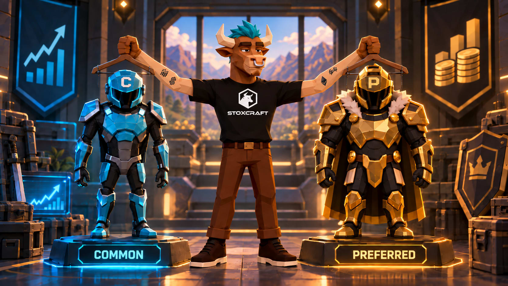 Toroshi compares common and preferred stock armor, showing growth and voting rights versus fixed dividends and payout priority.