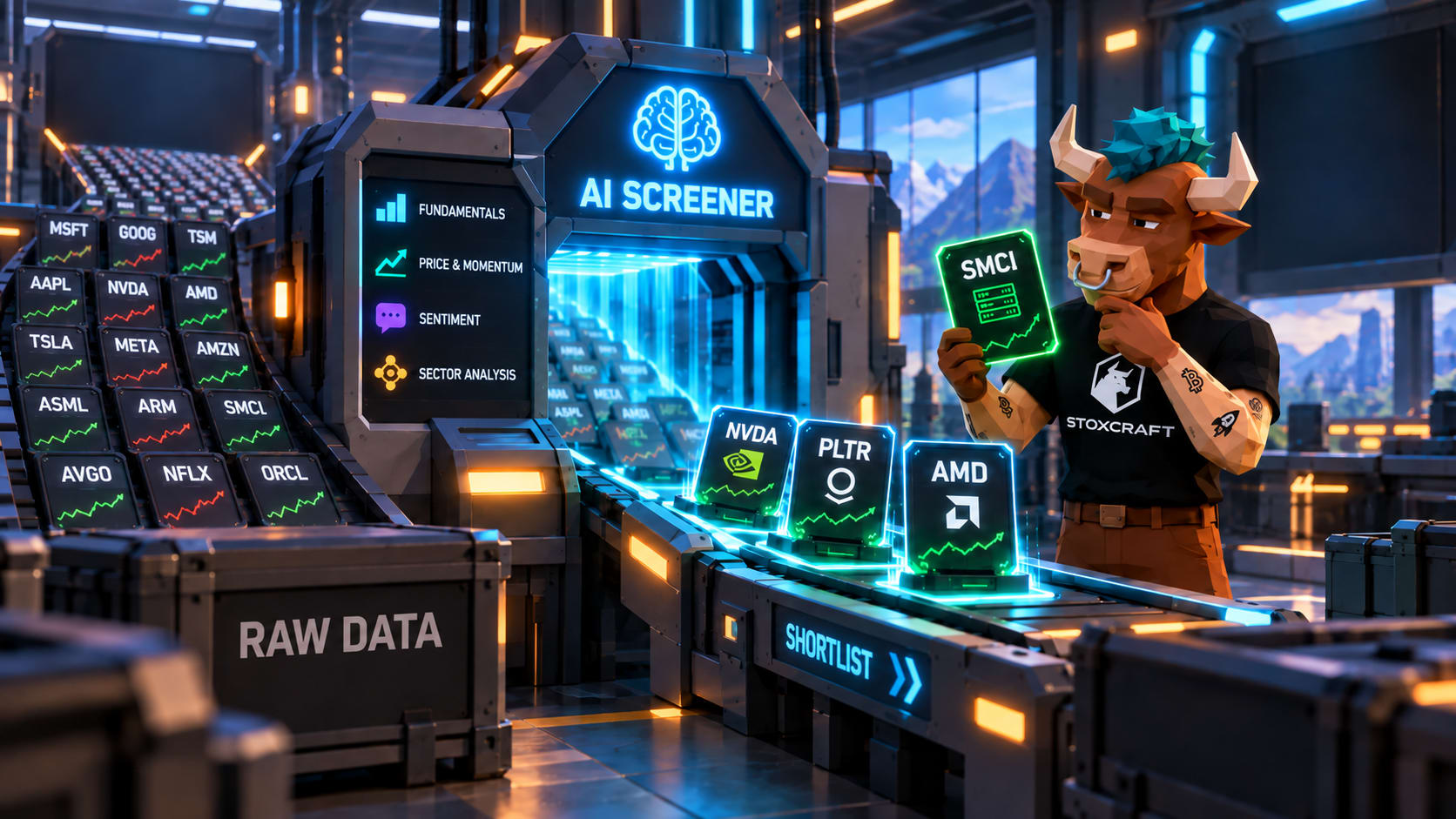 Low-poly AI stock screener filters raw market data into NVDA, PLTR and AMD, while Toroshi reviews SMCI to illustrate how AI helps shortlist stocks for further analysis.