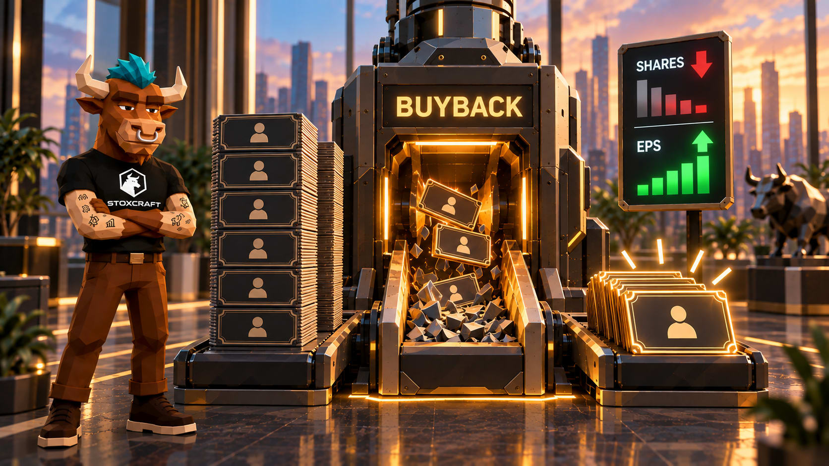 Low-poly Toroshi watches a buyback machine retire shares as share count falls and EPS rises, illustrating stock repurchases used by companies like Apple, Microsoft and Nvidia.