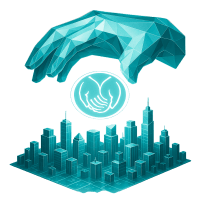 Low-poly 3D Allstate (ALL) stock icon with a stylized hands, symbolizing industrials.