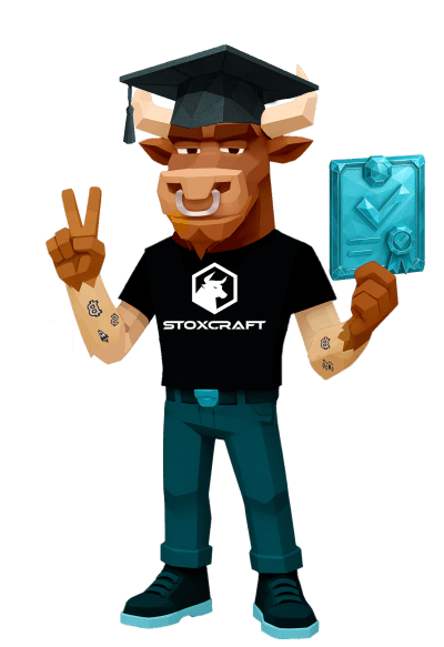 Stylized low-poly bull character wearing a graduation cap and holding a glowing certificate, celebrating skill completion in the Stoxcraft Academy.
