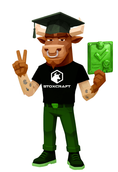 Stylized low-poly bull character wearing a graduation cap and holding a glowing certificate, celebrating skill completion in the Stoxcraft Academy.