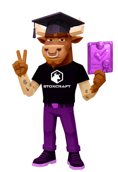 Stylized low-poly bull character wearing a graduation cap and holding a glowing certificate, celebrating skill completion in the Stoxcraft Academy.