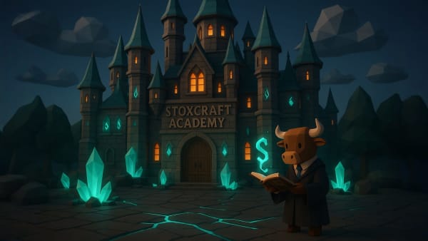 Low-poly castle of Stoxcraft Academy glowing with turquoise crystals, a bull student reading a book under moonlight, representing the beginning of the learning adventure.
