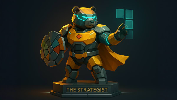 Low-poly armored bear selecting strategy tiles with a shield labeled “The Strategist”, representing planning and risk-managed investing.