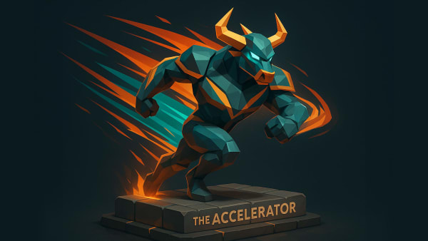 Low-poly bull sprinting on a pedestal labeled “The Accelerator”, representing momentum investing and accelerating portfolio growth.