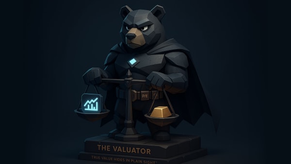 Low-poly bear holding valuation scales with a stock chart and gold bar, representing fundamental value investing and P/E analysis.