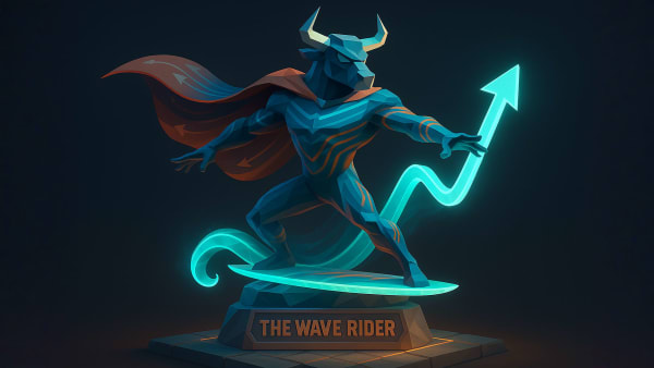 Low-poly bull surfing a glowing uptrend arrow labeled “The Wave Rider”, representing trend-following and technical analysis in markets.