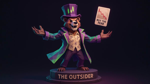 Low-poly bear showman with a “Buy the fear” card labeled “The Outsider”, representing contrarian investing during market downturns.