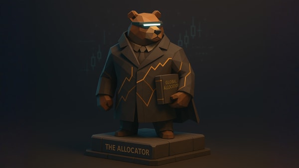Low-poly bear in a suit holding a “Global Allocation” book labeled “The Allocator”, representing asset allocation and diversification.