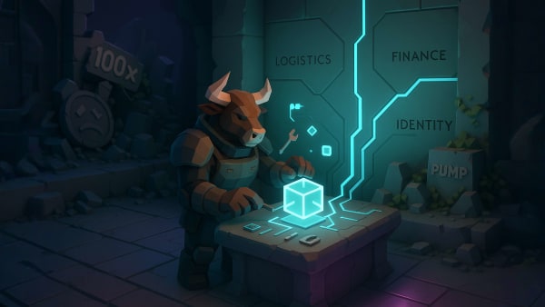 Low-poly bull engineer assembling a glowing blockchain cube under “Logistics, Finance, Identity”, representing real-world blockchain use cases.