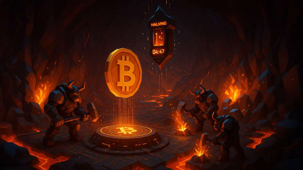 Low-poly crypto miners surrounding a glowing Bitcoin coin with a halving timer, representing Bitcoin halving cycles and supply economics.