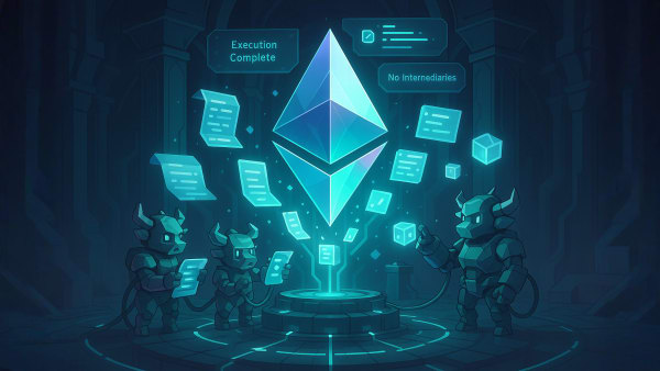 Low-poly Ethereum crystal with smart-contract documents and “No intermediaries”, representing blockchain transactions and DeFi automation.