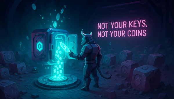 Low-poly bull accessing a glowing crypto vault with “Not your keys, not your coins”, representing wallet security and self-custody.
