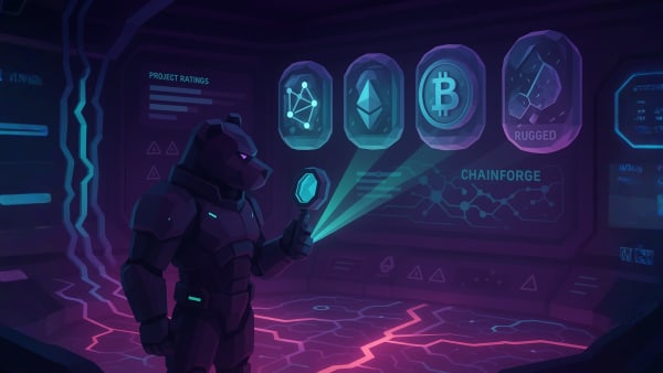 Low-poly bear investigator scanning crypto projects (ETH, BTC, rugged), representing due diligence, ratings, and scam detection.