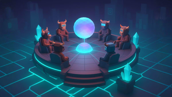 Low-poly bulls in a roundtable around a holographic sphere, representing DAO governance and decentralized decision-making in crypto.